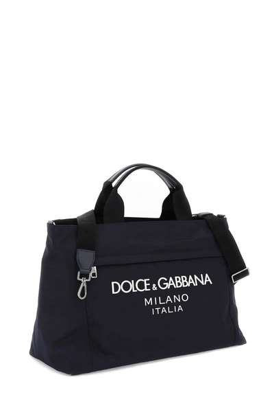 Shop Dolce & Gabbana Rubberized Logo Nylon Duffle Bag Men In Blue