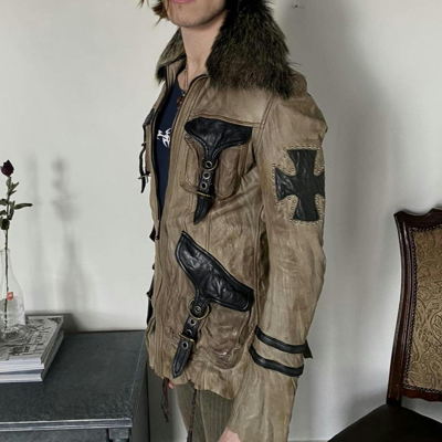 Pre-owned Yasuyuki Ishii Dexter & Sinister Multi Pocket Leather Jacket In Beige