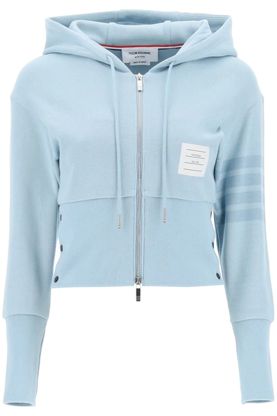 Shop Thom Browne 4-bar Knitted Cropped Hoodie Women In Blue