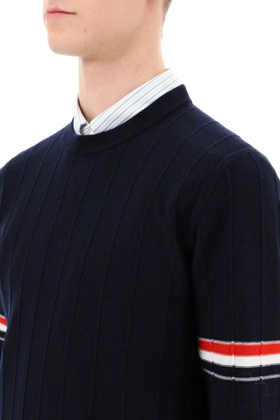 Shop Thom Browne Crew-neck Sweater With Tricolor Intarsia Men In Blue