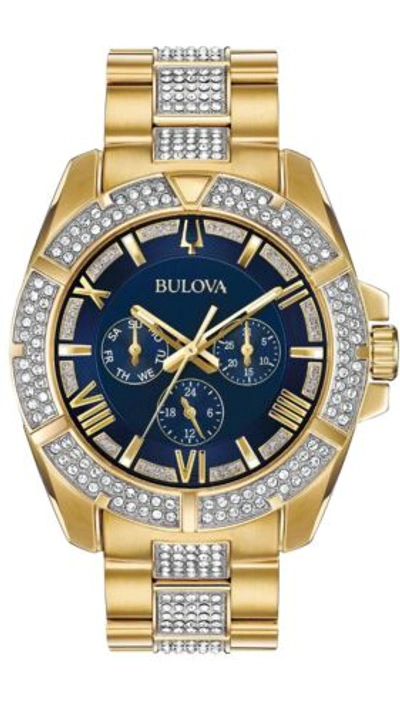 Pre-owned Bulova Men's Quartz Swarovski Crystal Markers Blue Dial Gol 44mm Watch 98c128