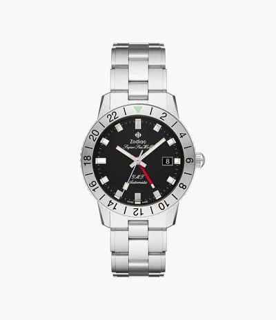 Pre-owned Zodiac Super Sea Wolf Gmt Black Dial Steel Bracelet Watch Zo9405