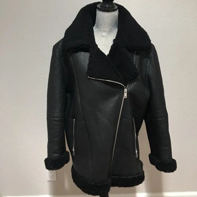 Pre-owned Ugg Arrabela Shearling Moto Black Leather Jacket Women's Size L Large