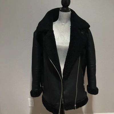 Pre-owned Ugg Arrabela Shearling Moto Black Leather Jacket Women's Size L Large