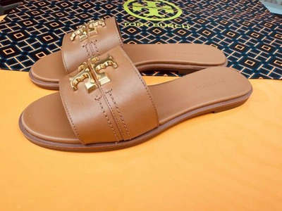 Pre-owned Tory Burch Everly Slide Sandals Calf Leather Gold Logo Tan Color Many Sizes