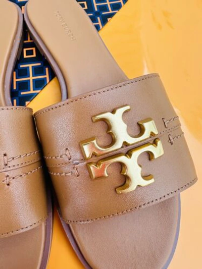 Pre-owned Tory Burch Everly Slide Sandals Calf Leather Gold Logo Tan Color Many Sizes