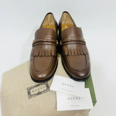 Pre-owned Gucci Men's Mirrored Fringed Loafer Brown Italian Leather Shoe Nwb