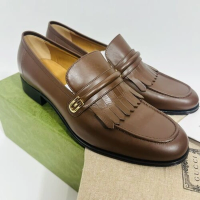 GUCCI Pre-owned Men's Mirrored Fringed Loafer Brown Italian Leather Shoe Nwb