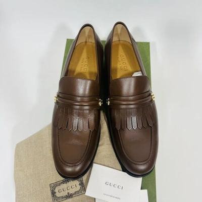 Pre-owned Gucci Men's Mirrored Fringed Loafer Brown Italian Leather Shoe Nwb