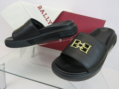 Pre-owned Bally Jaxons Black Leather B Chain Gold Logo Sandals Flops Slides 12 D
