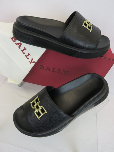 Pre-owned Bally Jaxons Black Leather B Chain Gold Logo Sandals Flops Slides 12 D