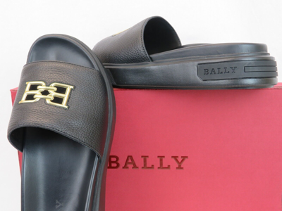 BALLY Pre-owned Jaxons Black Leather B Chain Gold Logo Sandals Flops Slides 12 D