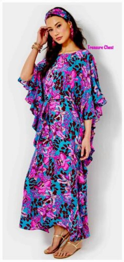 Pre-owned Lilly Pulitzer Monnae Silk Maxi Caftan Orchis You Not $498 Size L/xl In Multicolor