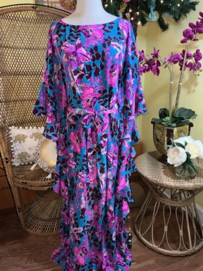 Pre-owned Lilly Pulitzer Monnae Silk Maxi Caftan Orchis You Not $498 Size L/xl In Multicolor