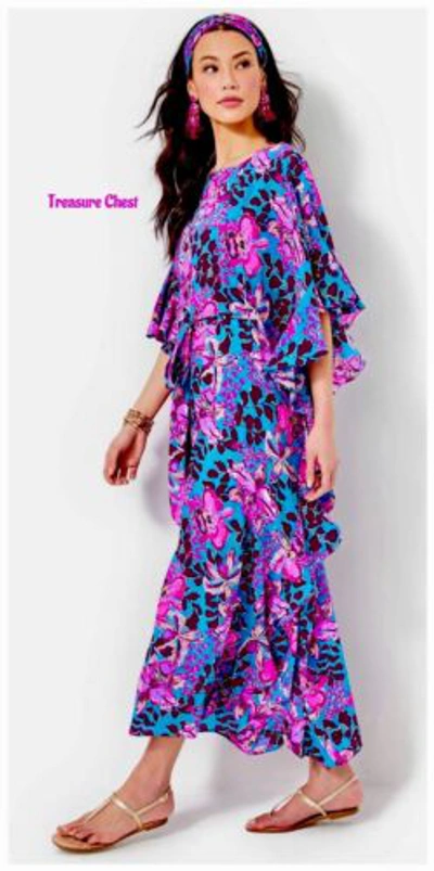 Pre-owned Lilly Pulitzer Monnae Silk Maxi Caftan Orchis You Not $498 Size L/xl In Multicolor