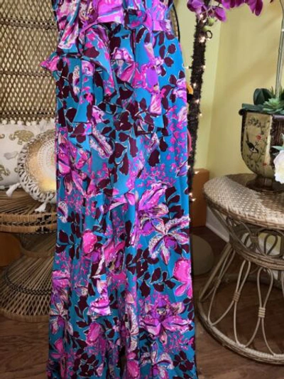 Pre-owned Lilly Pulitzer Monnae Silk Maxi Caftan Orchis You Not $498 Size L/xl In Multicolor