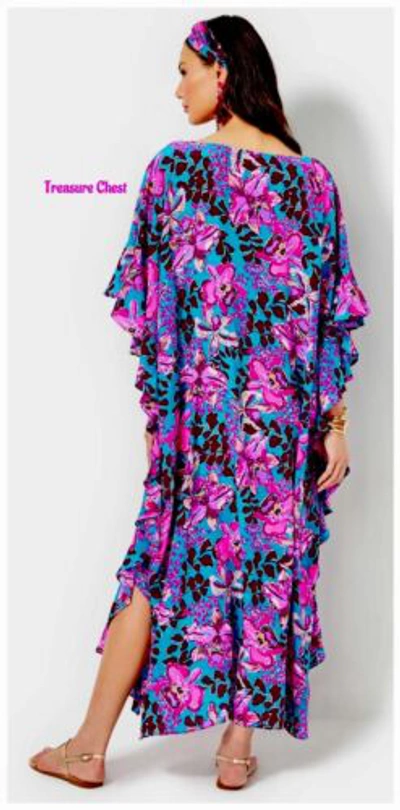 Pre-owned Lilly Pulitzer Monnae Silk Maxi Caftan Orchis You Not $498 Size L/xl In Multicolor