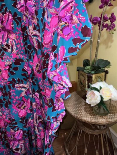 Pre-owned Lilly Pulitzer Monnae Silk Maxi Caftan Orchis You Not $498 Size L/xl In Multicolor