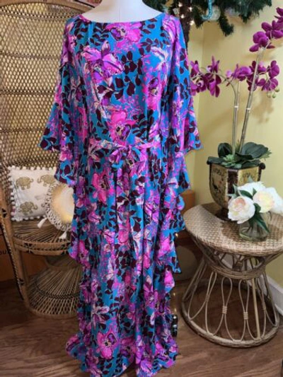 Pre-owned Lilly Pulitzer Monnae Silk Maxi Caftan Orchis You Not $498 Size L/xl In Multicolor