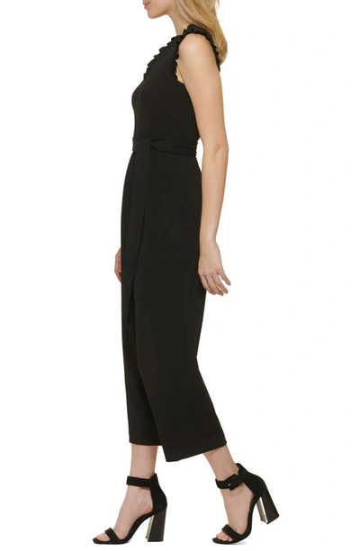 Shop Calvin Klein Ruffle V-neck Sleeveless Crop Jumpsuit In Black