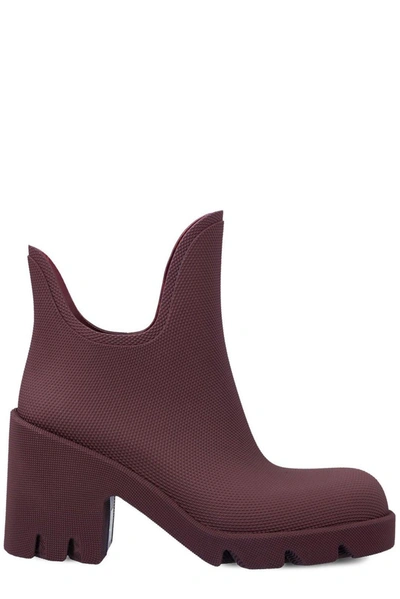 Shop Burberry Round-toe Slip-on Heeled Boots In Aubergine