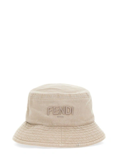 Shop Fendi Logo Embroidered Bucket Hat In Beige
