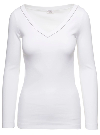 Shop Brunello Cucinelli White V-neck Pullover With Beads Detailing In Stretch Cotton Woman In Bianco