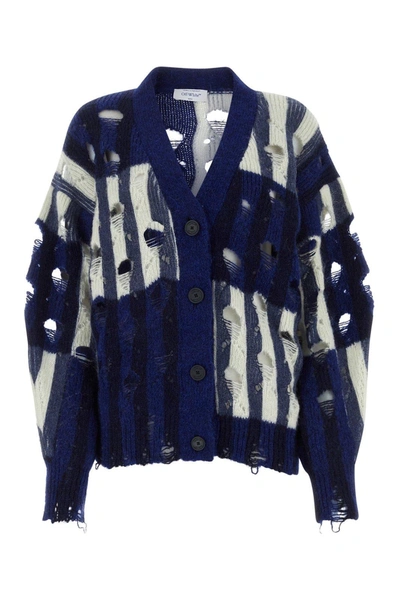 Shop Off-white Distressed Knitted Cardigan In Blue White