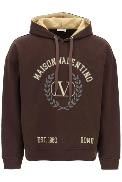 Shop Valentino Logo Printed Drawstring Hoodie In Brown