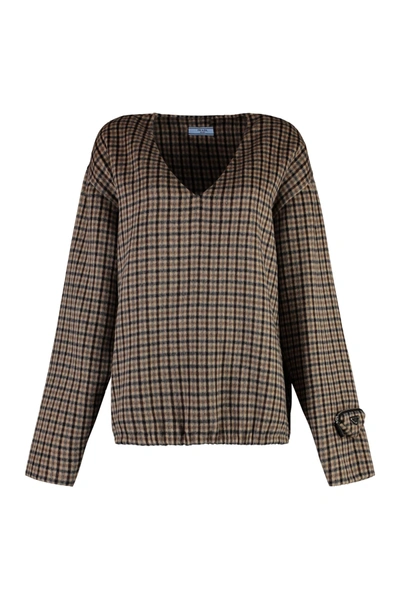 Shop Prada Checked Cashgora Sweater In Marrone
