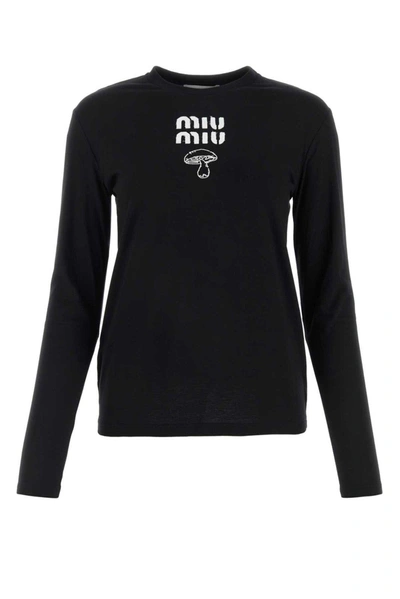 Shop Miu Miu Logo Detailed Long-sleeved Top In Nero