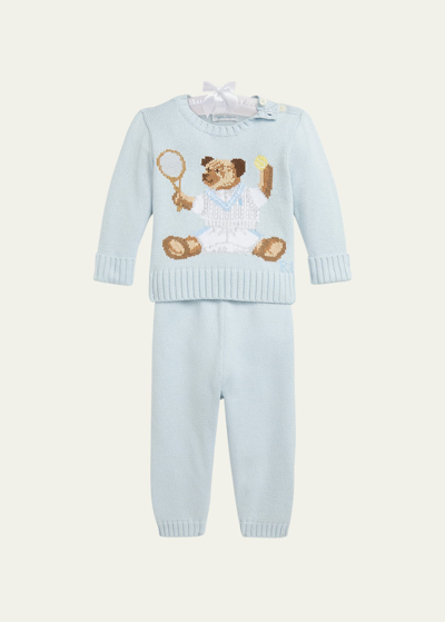 Shop Ralph Lauren Boy's Tennis Bear Sweater And Pants Set In Beryl Blue