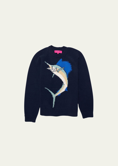 Shop The Elder Statesman Men's Cashmere Sailfish Intarsia Crewneck Sweater In 410 - Navy