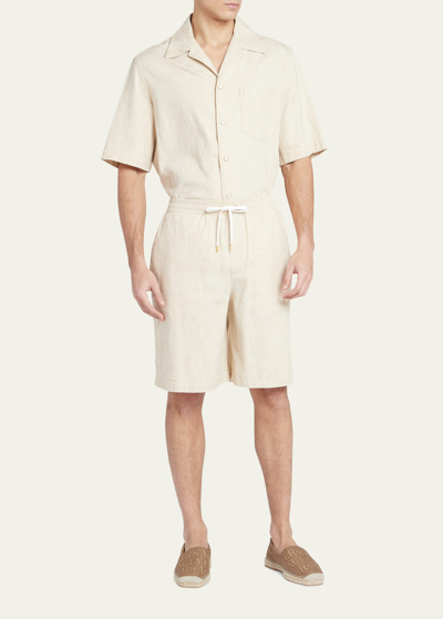 Shop Versace Men's Barocco Jacquard Denim Shorts In Ecru'beige