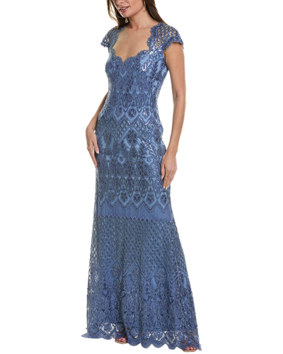 Shop Tadashi Shoji Embroidered Lace Gown In Blue