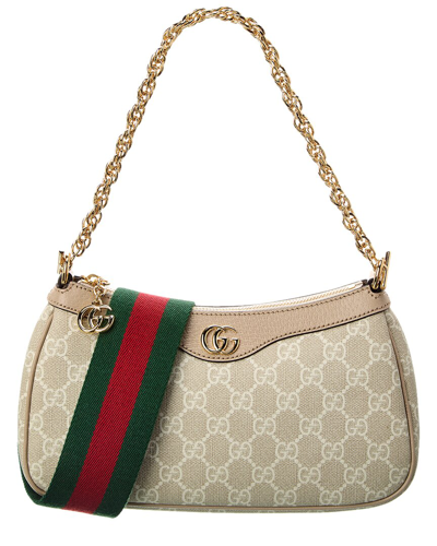 Shop Gucci Ophidia Small Gg Supreme Canvas & Leather Shoulder Bag In Beige