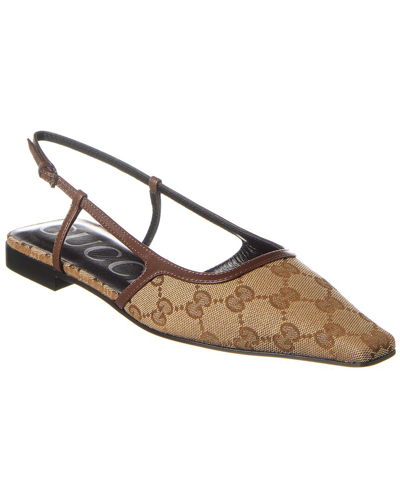 Shop Gucci Gg Canvas & Leather Slingback Flat In Beige