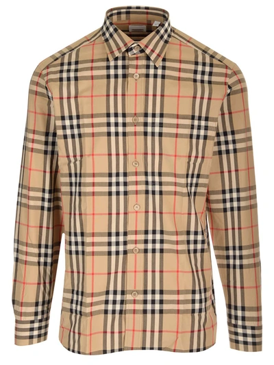 Shop Burberry Cotton Shirt With Check Pattern In Beige