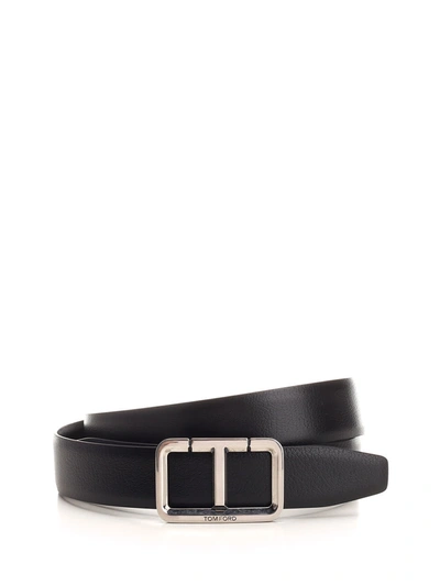 Shop Tom Ford T Shiny Leather Belt With Silver Buckle In Black
