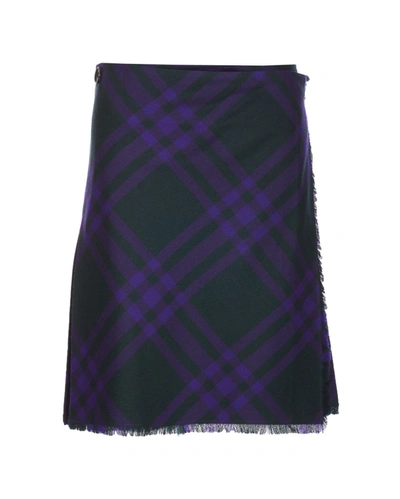 Shop Burberry Check Wool Skirt In Deep Royal