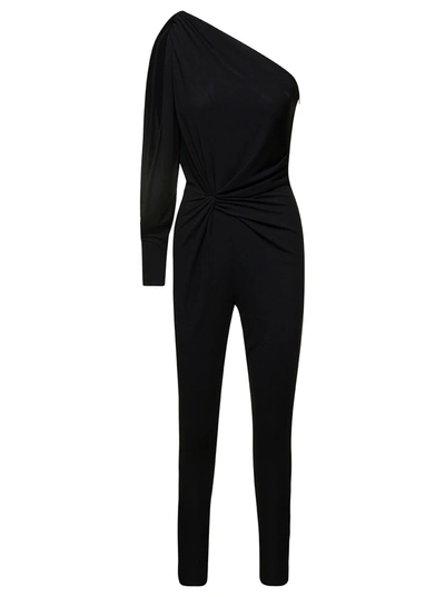 Shop Saint Laurent Black One-shoulder Jumpsuit With Side Gathering In Jersey Woman In Default Title