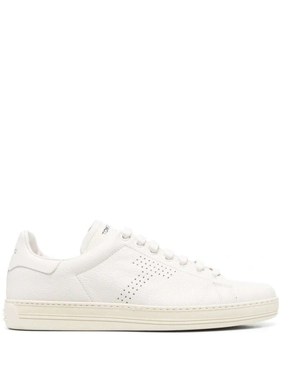 Shop Tom Ford Warwick White Low-top Sneakers With Perforated T And Embossed Logo On Heel Tab In Leather M