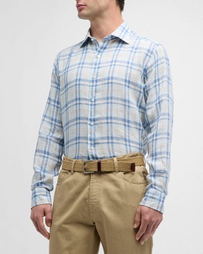 Shop Peter Millar Men's Emil Linen Check-print Sport Shirt In Blue Frost