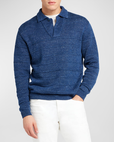 Shop Loro Piana Men's Shibumi Linen-cotton Polo Sweater In Blue