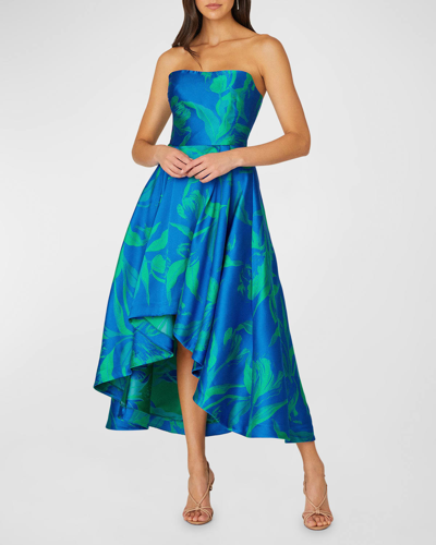 Shop Shoshanna Sabina Strapless Pleated High-low Midi Dress In Cobaltgreen
