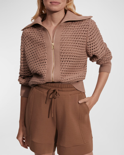 Shop Varley Eloise Full-zip Knit Jacket In Warm Taupe