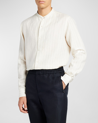 Shop Loro Piana Men's Elia Linen Pinstripe-print Sport Shirt In Soft White Stripe