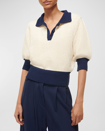 Shop Staud Altea Two-tone Waffle-knit Short-sleeve Polo Sweater In Ivory Navy