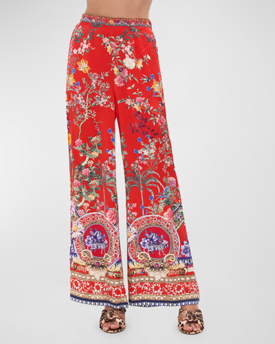 Shop Camilla Minimal Floral Silk Wide-leg Pants In The Summer Palace
