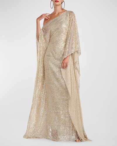 Shop Halston Dee Draped One-shoulder Sequin Gown In Champagne